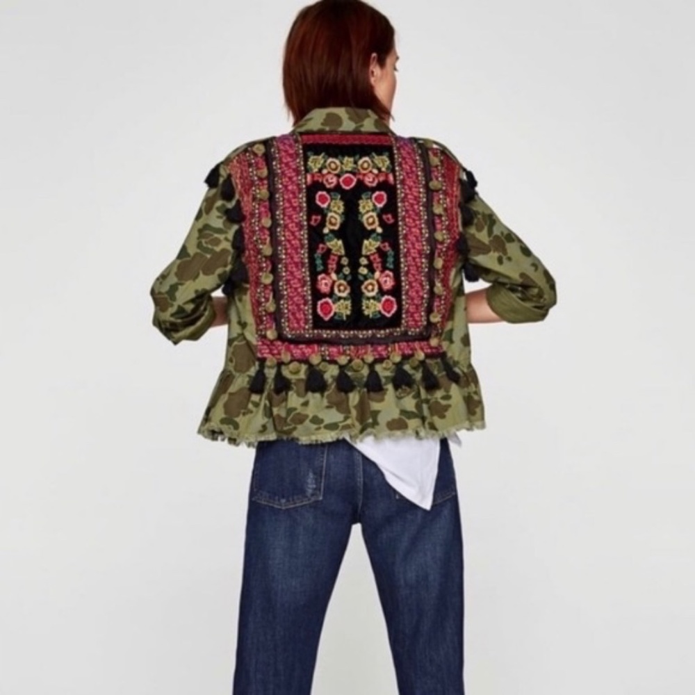 Zara Camo Embroidered PomPom Jacket